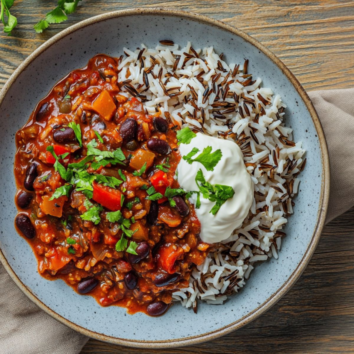 Chili sin carne aux lentilles beluga, riz sauvage